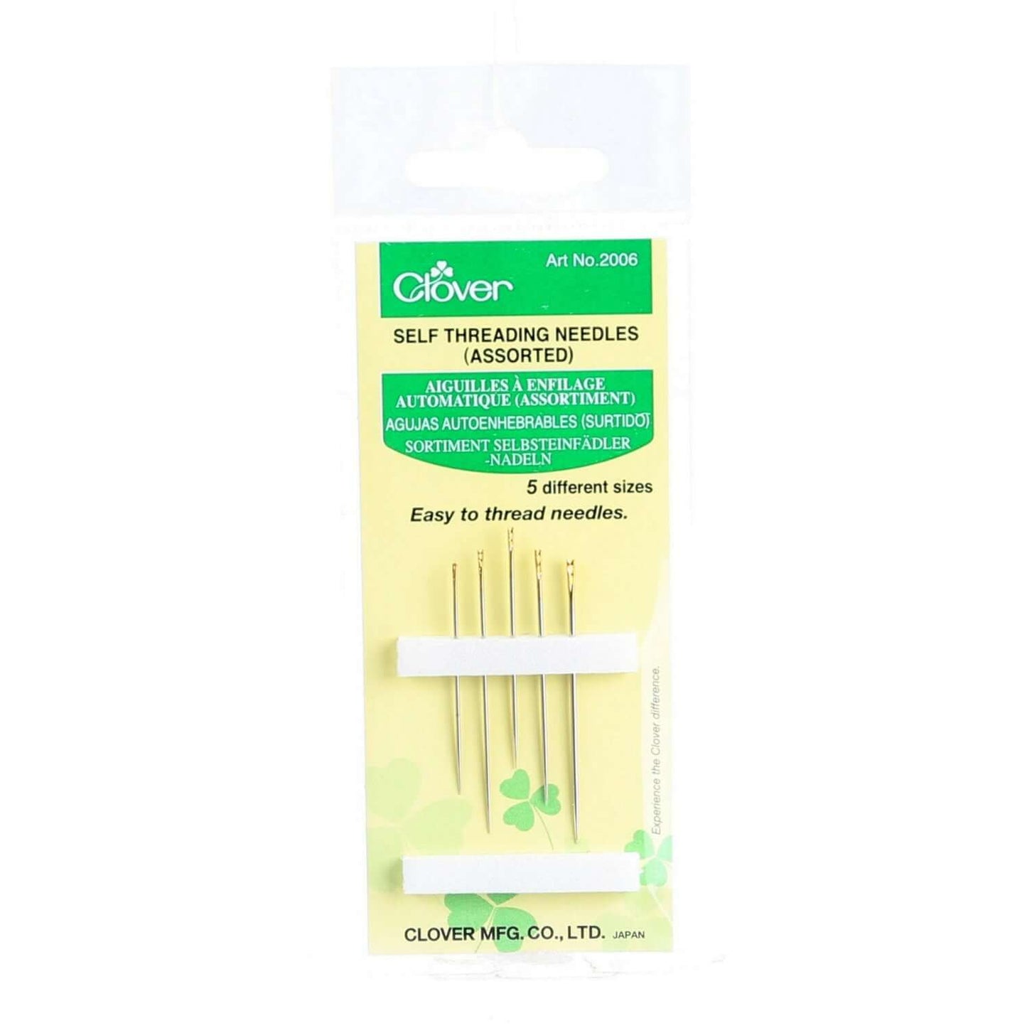 Clover Self Easy Threading Needles 5ct 2006CV packaging image showing five easy-to-thread sewing needles for lightweight fabrics.