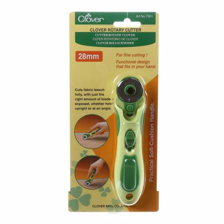 Clover rotary cutter, part of curated kit of notions for Foundation Paper Piecing, featuring a 28mm blade for precise fabric cutting.