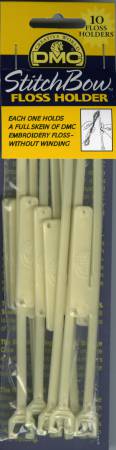 StitchBow Floss Holder package, 10 plastic holders for DMC embroidery floss, maintains skein shape and fullness.