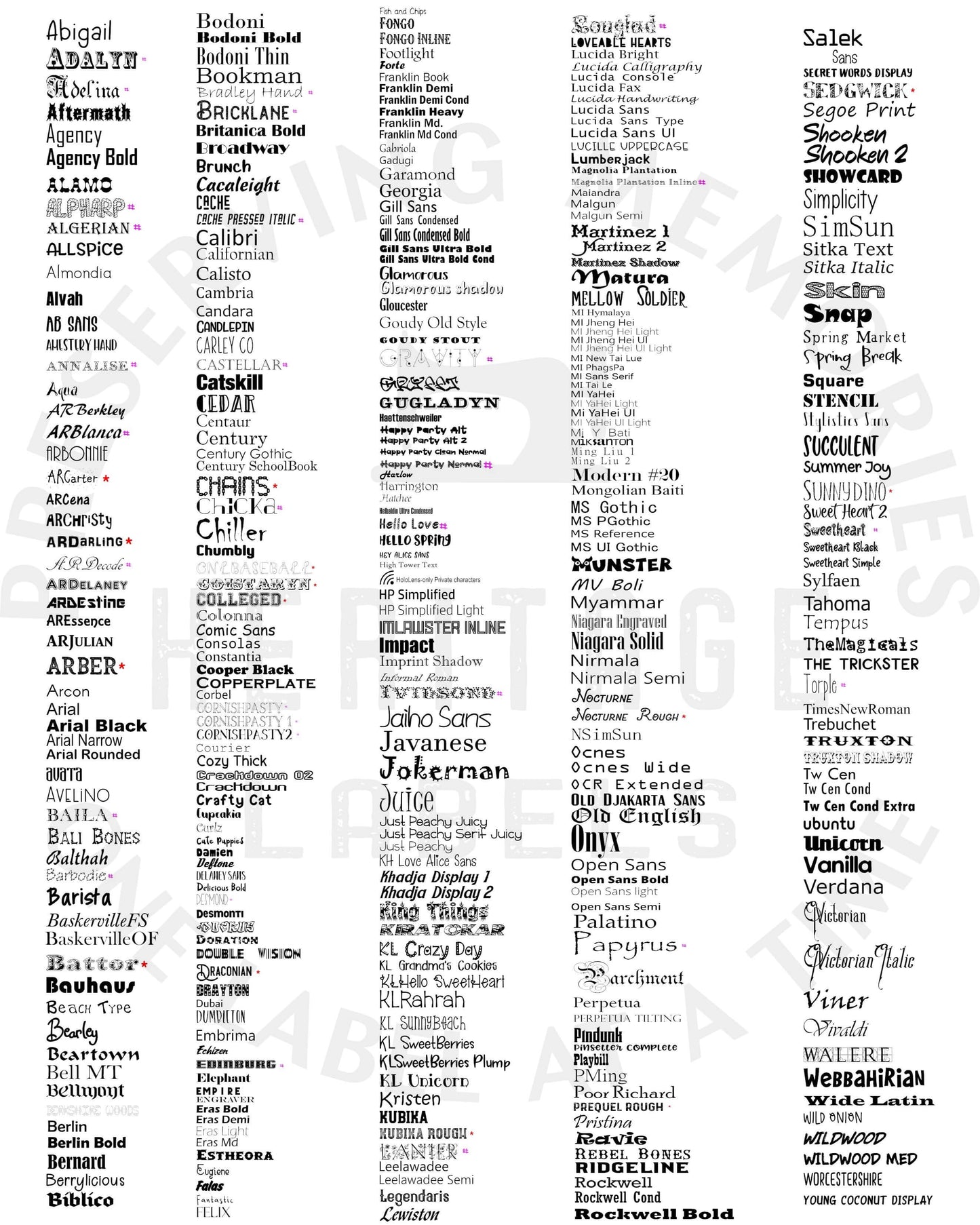 Various font styles for custom satin ribbon label printing options.
