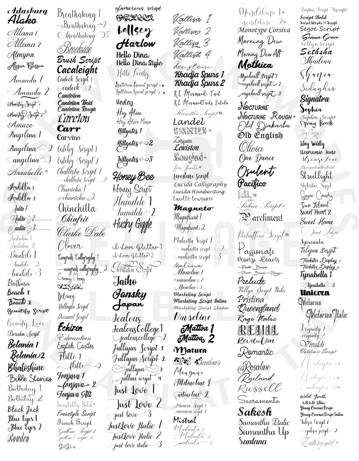 Typography font samples displayed in various styles for design and labeling use.