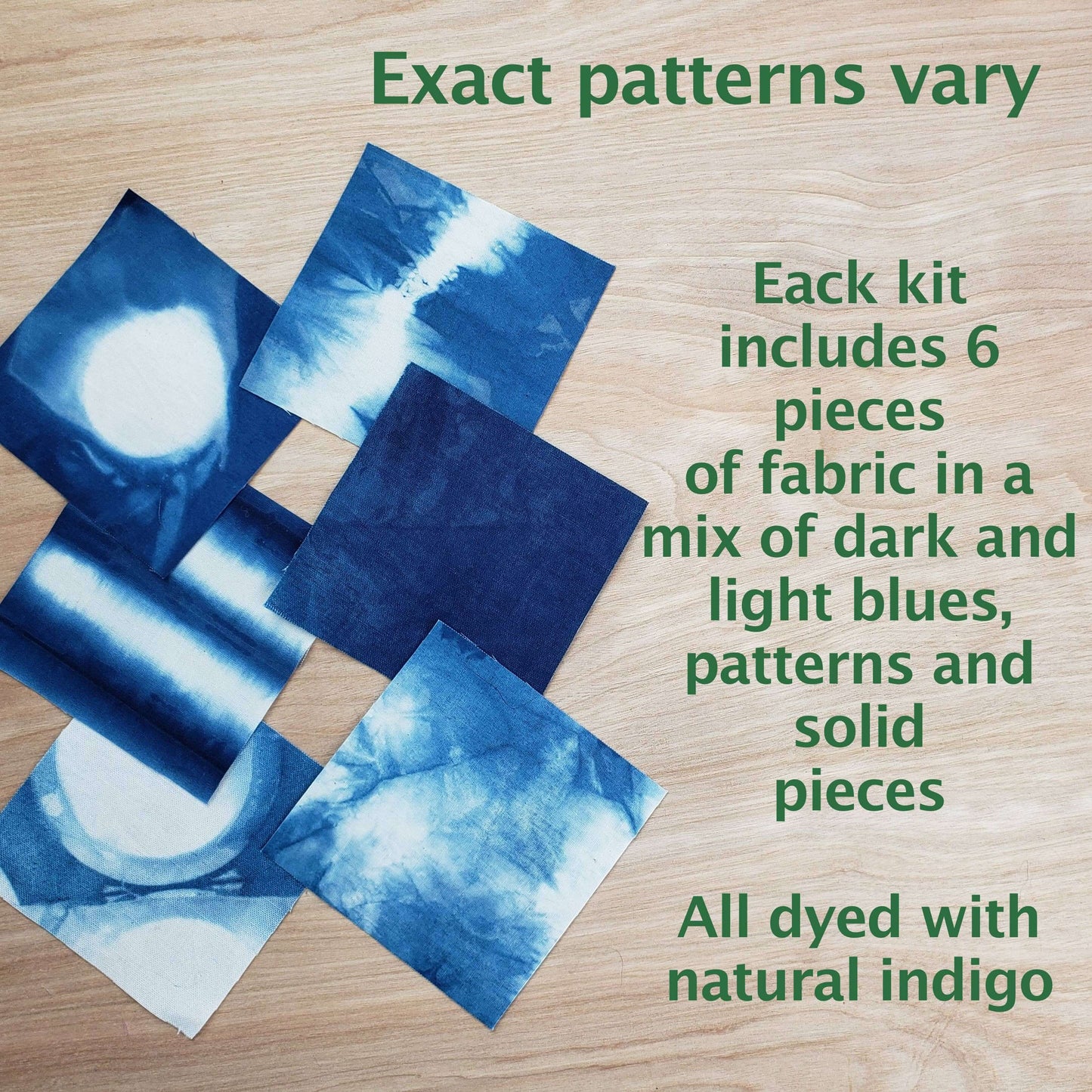 Natural indigo dyed fabric pieces in varying patterns for boro sewing kit from Cedar Dell Designs.