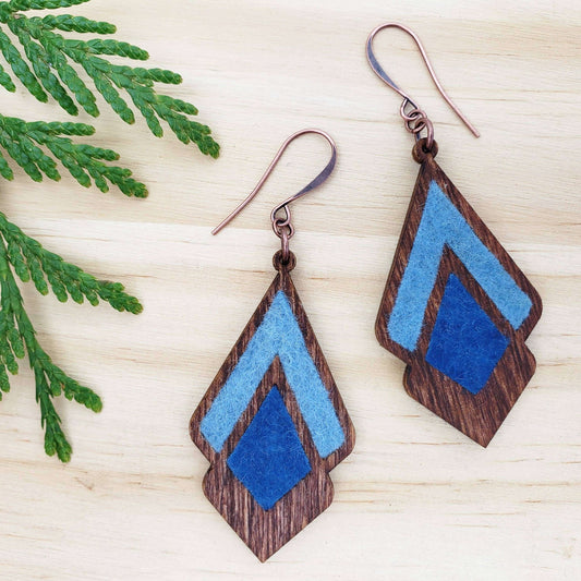 Cedar Dell Designs Diamond Wood and Wool Earrings in double diamond shape with natural dyes, perfect statement piece.