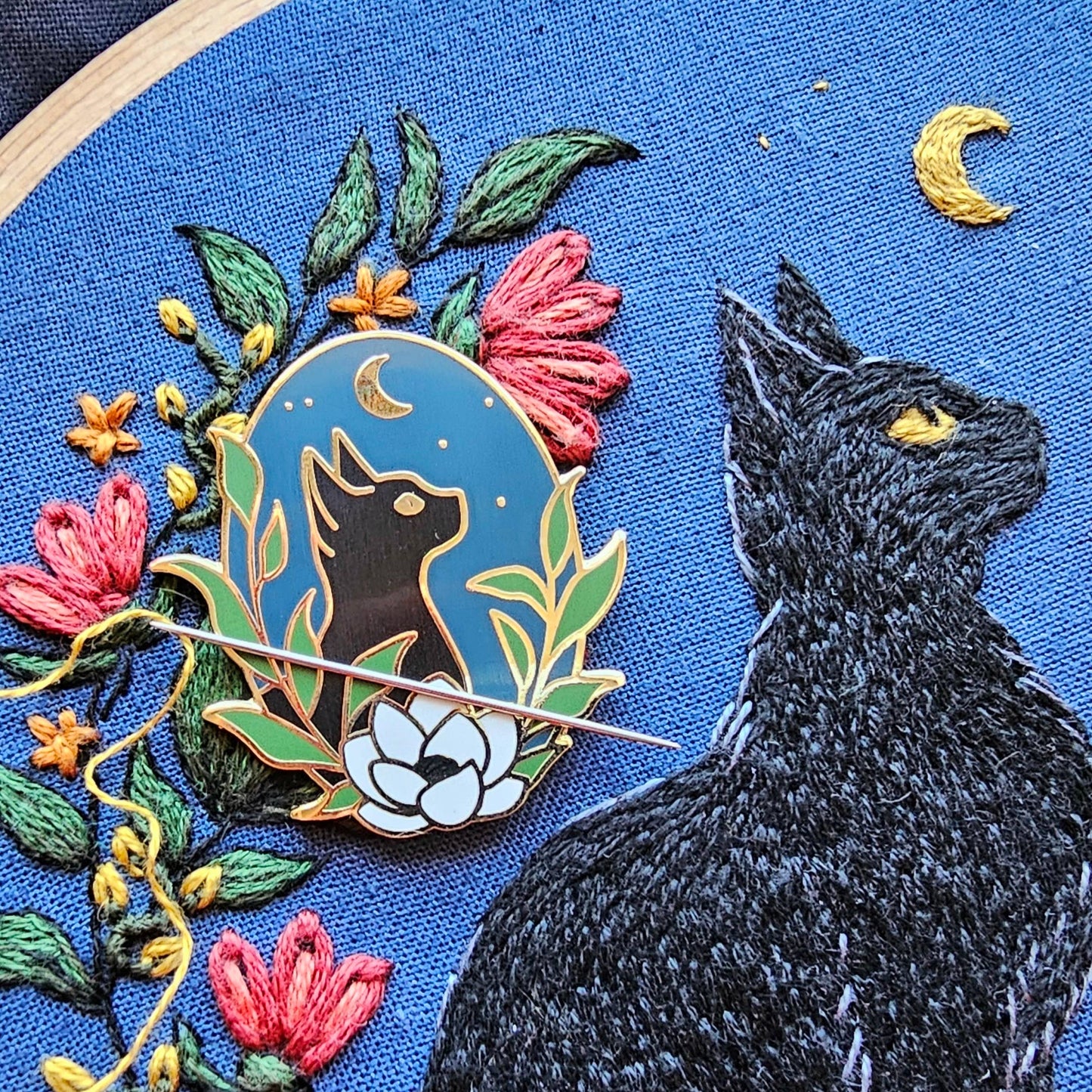 Black Cat Enamel Needle Minder - Jessica Long Embroidery -