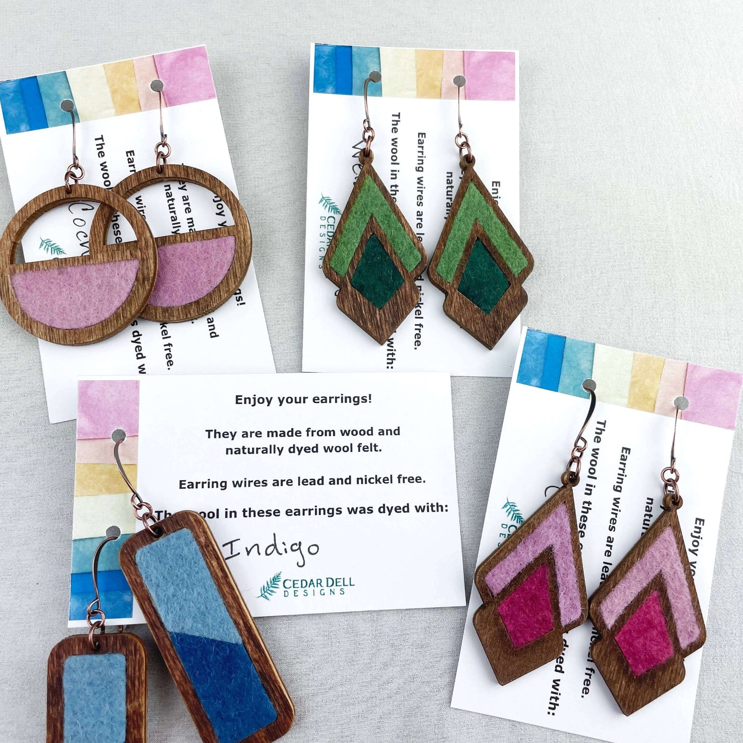 Cedar Dell Designs diamond wood and wool earrings, naturally dyed, featuring lightweight double diamond shape in vibrant colors.
