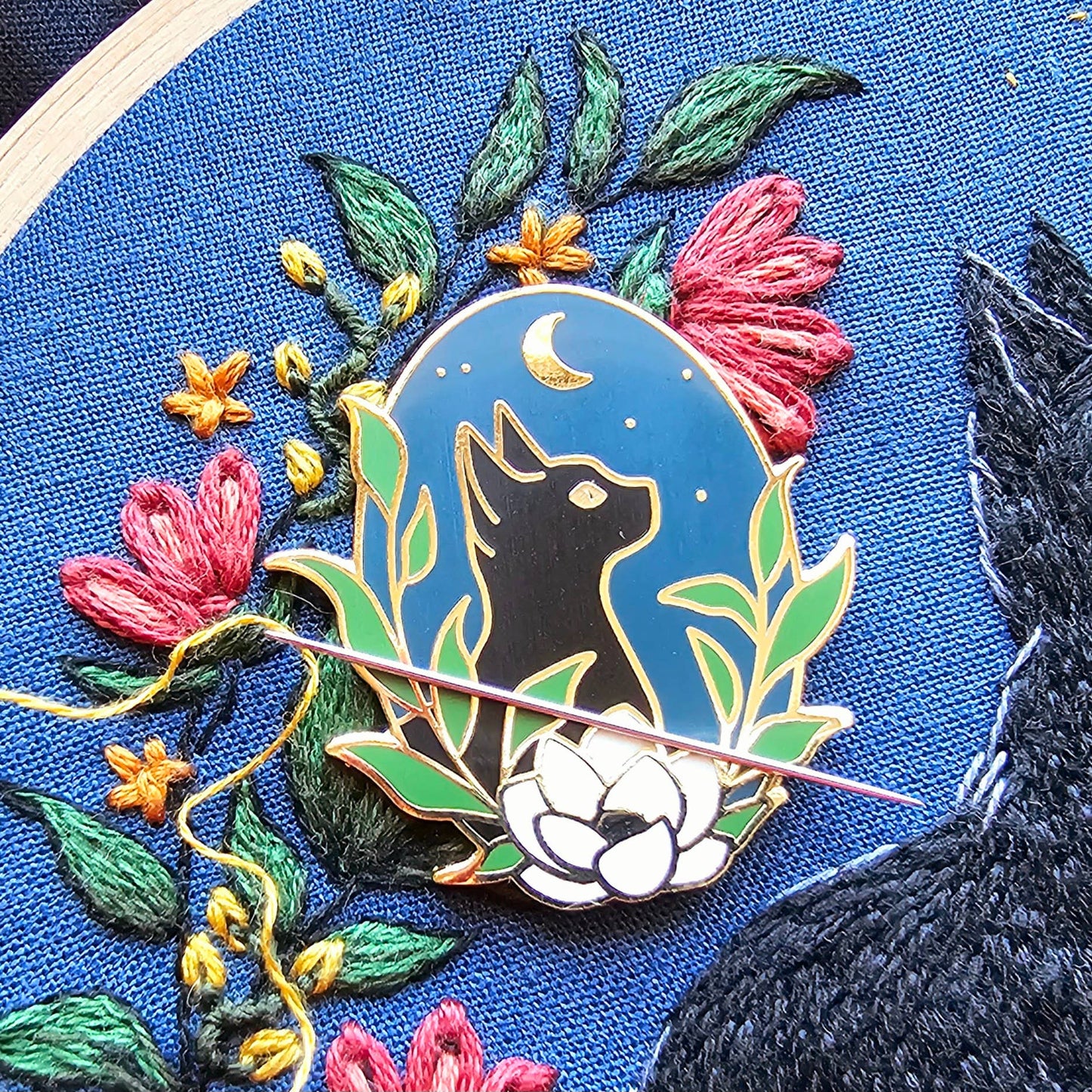 Black Cat Enamel Needle Minder - Jessica Long Embroidery -