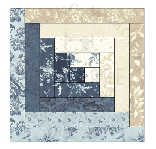 Blue and beige floral log cabin quilt block showcasing classic design and versatility for quilting projects.