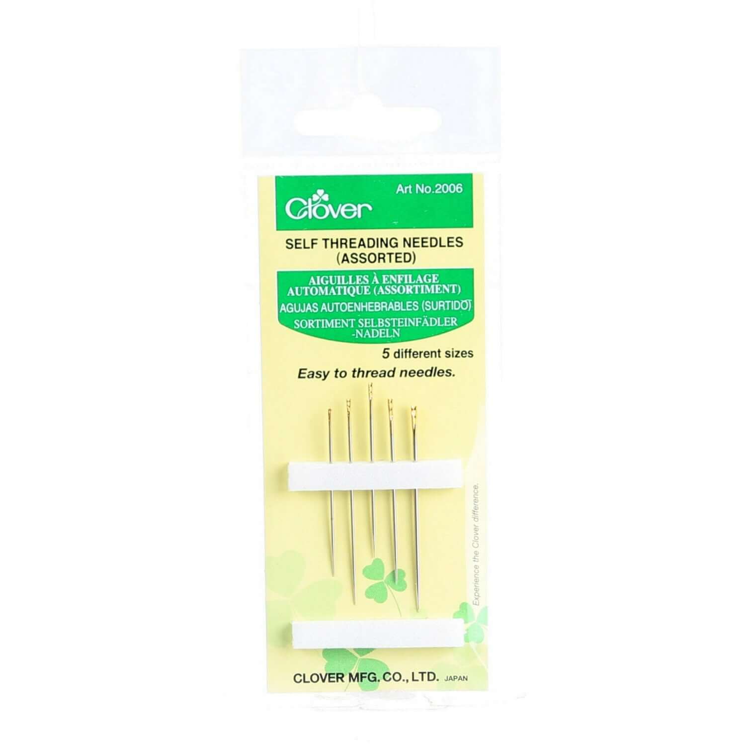 Clover Self Threading Needles 5ct in package, easy threading for various fabric weights, metal construction, model 2006CV.
