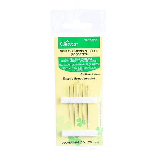 Clover Self Threading Needles 5ct in package, easy threading for various fabric weights, metal construction, model 2006CV.