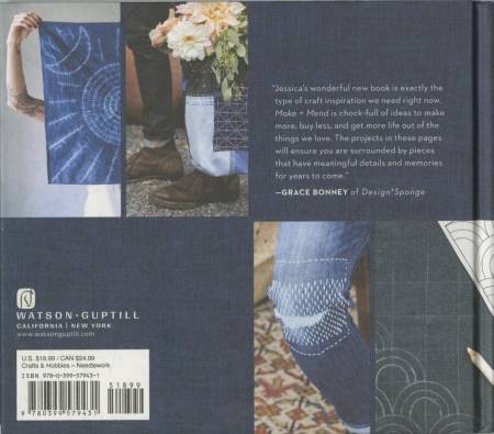 Alt Tag: Back cover of 'Make and Mend' book showing sashiko projects and endorsement, promoting learning the sashiko sewing technique.