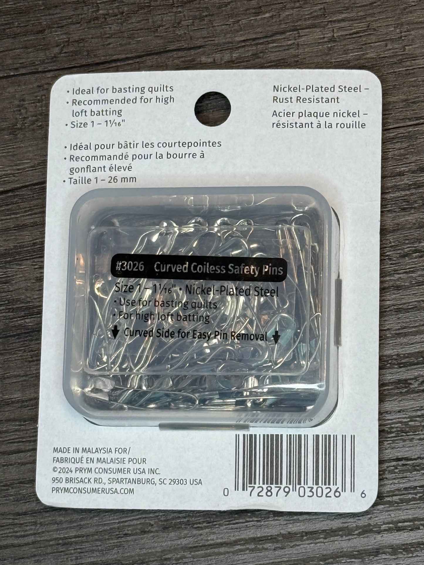 Curved Coiless Safety Pins Basting Pins 1 1/16th, ideal for quilting and fabric projects, nickel-plated, rust-resistant packaging