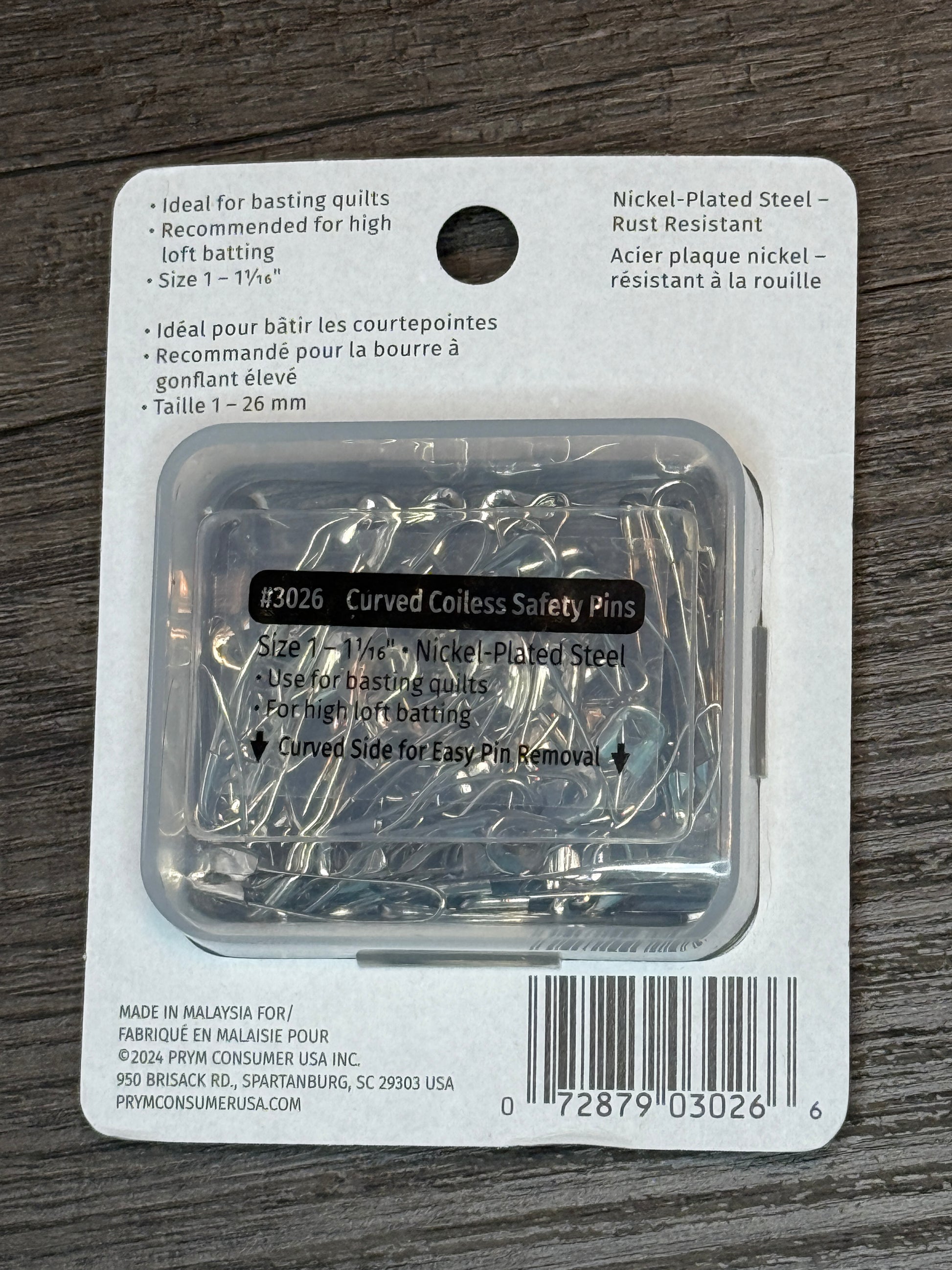 Curved Coiless Safety Pins Basting Pins 1 1/16th, ideal for quilting and fabric projects, nickel-plated, rust-resistant packaging