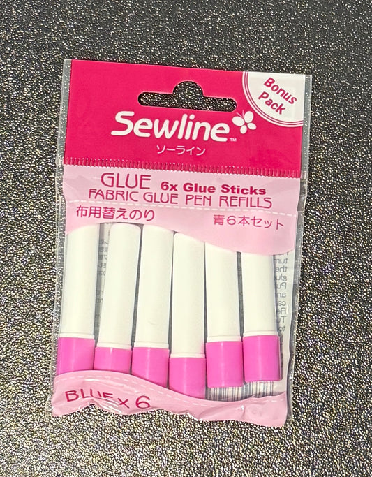 Water Soluble Glue Refills Blue 6 Pack FAB50063 Dries Clear - Sewline Glue Pen refills with pink caps, front view packaging