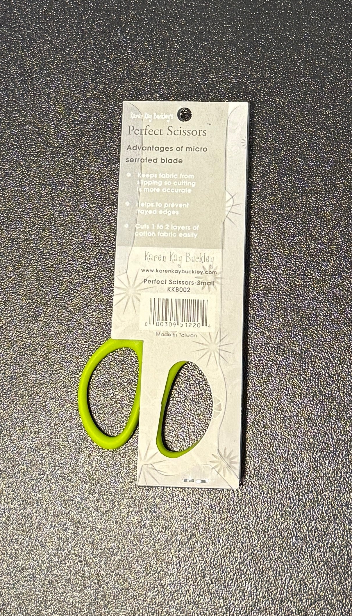 Perfect Scissors Green 4-3/16in with micro-serrated fabric scissors blade for precise cutting.
