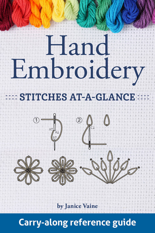 Cover of 'Hand Embroidery Stitches At-A-Glance' showing colorful threads and stitch diagrams.