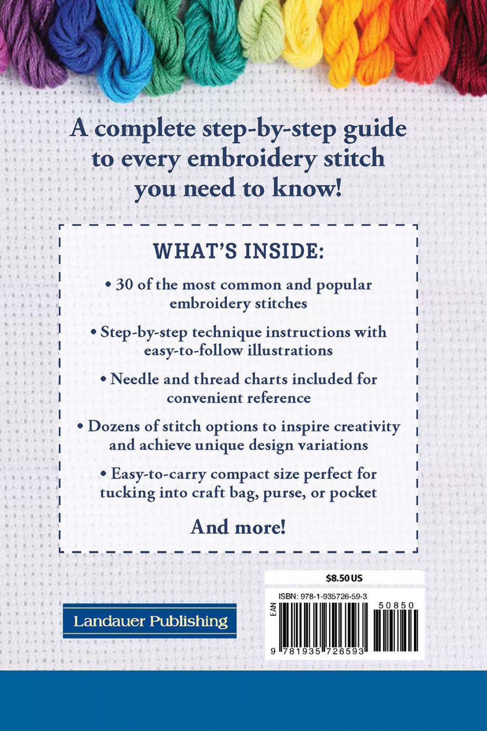 Back cover of 'Hand Embroidery Stitches-At-A-Glance' book with colorful threads and stitch instructions for 30 embroidery techniques.