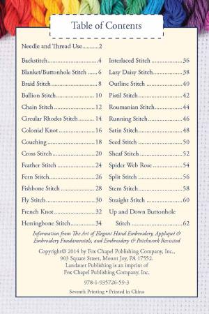 Table of contents for Hand Embroidery Stitches at-a-glance book with 30 stitches including backstitch, French knot, and feather stitch.