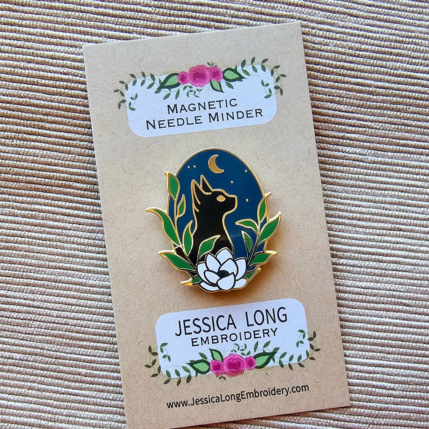 Black Cat Enamel Needle Minder - Jessica Long Embroidery -