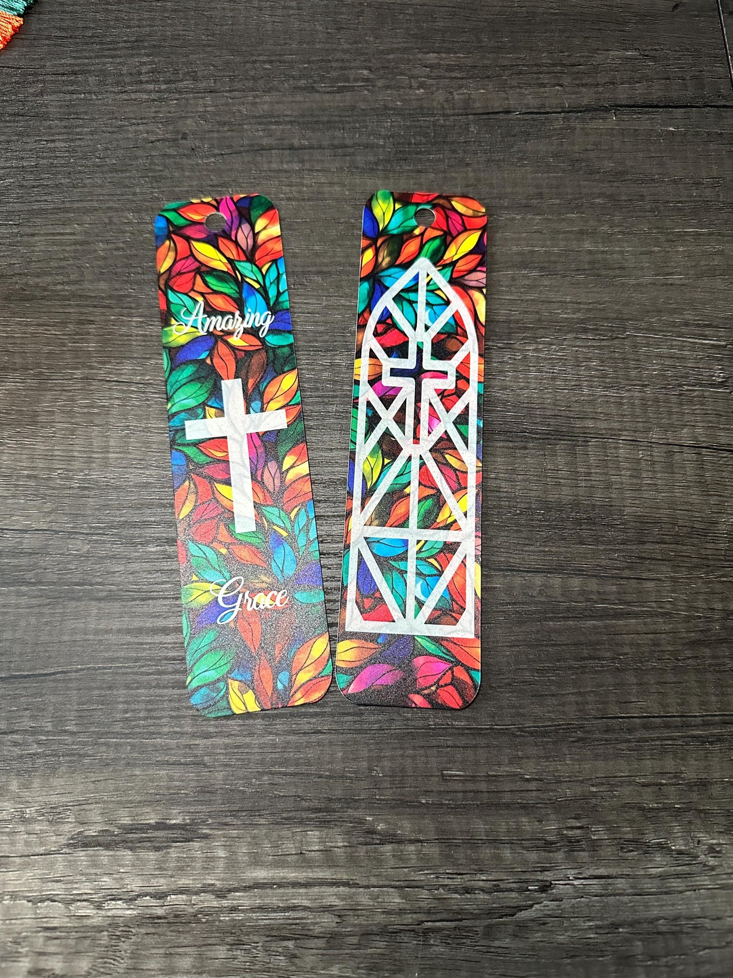 Bookmarks Faith Cross Looks Like Stained Glass Amazing Grace with vibrant colors and tassel options available