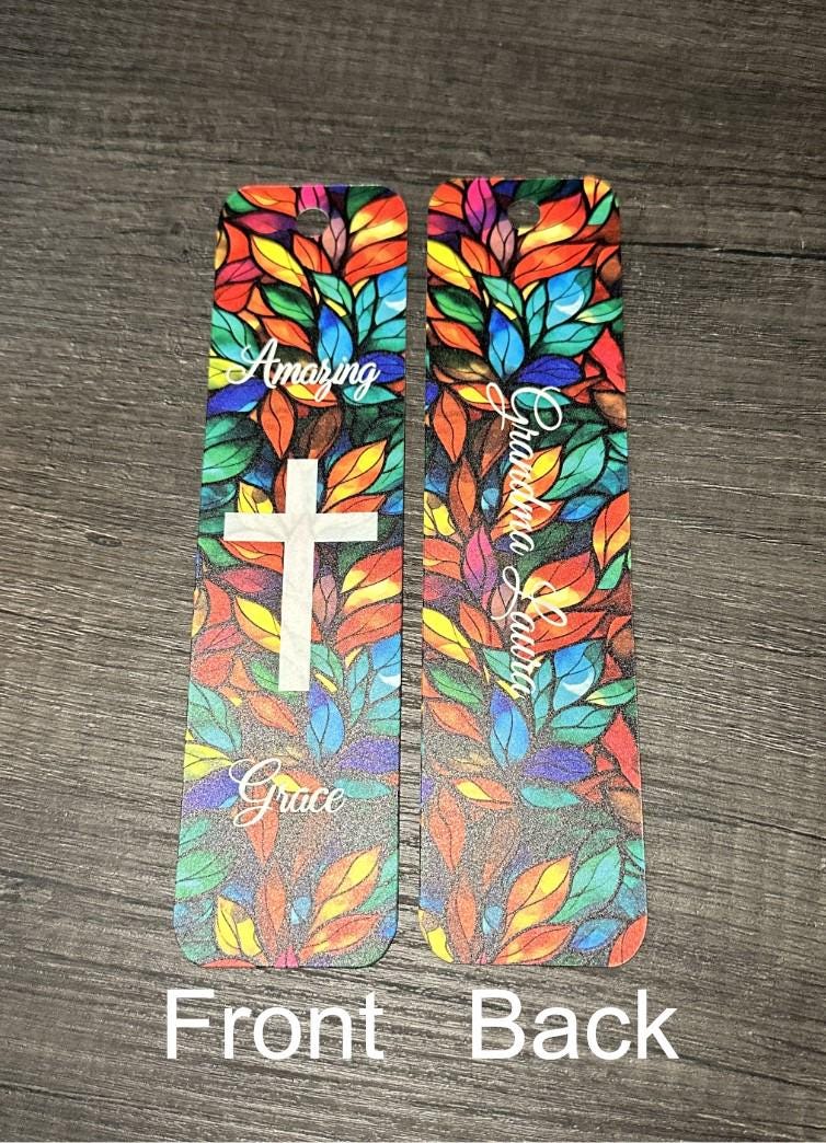 Bookmarks Faith Cross Looks Like Stained Glass Amazing Grace - front and back view with colorful design and cross motif.