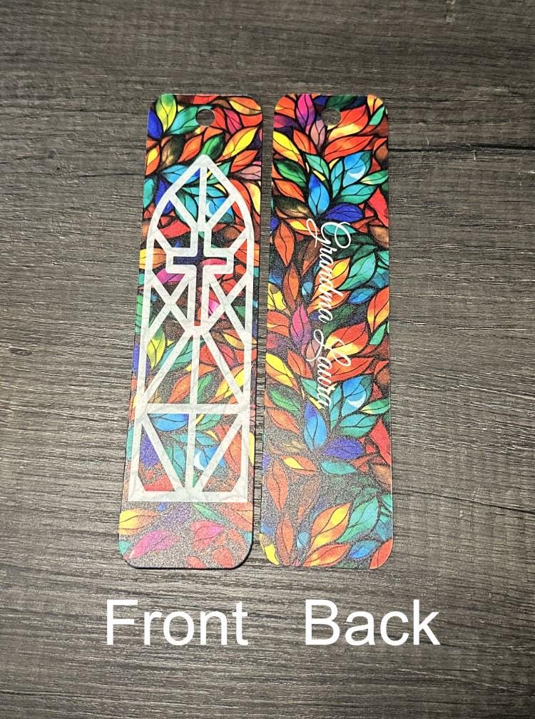 Bookmarks Faith Cross Looks Like Stained Glass Amazing Grace, colorful front and back, with cross and "Amazing Grace" text.