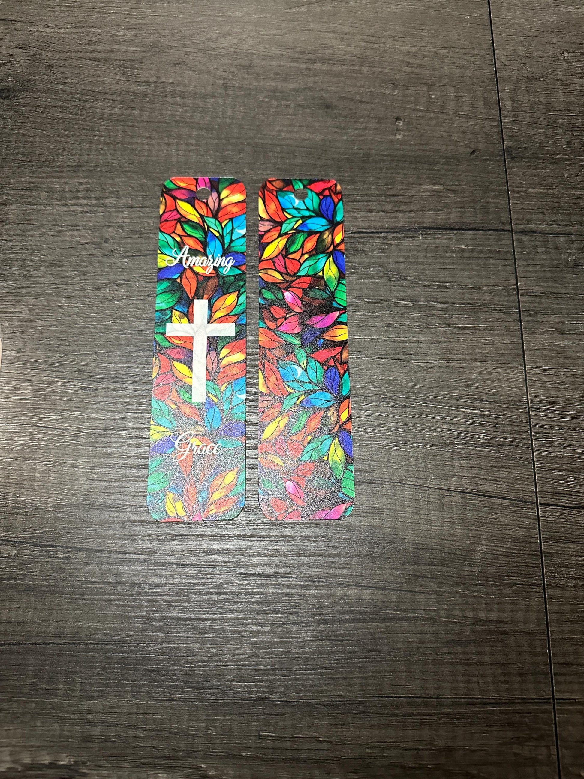 Bookmarks Faith Cross Looks Like Stained Glass Amazing Grace with vibrant colors and tassel option, includes gift box and personalization.
