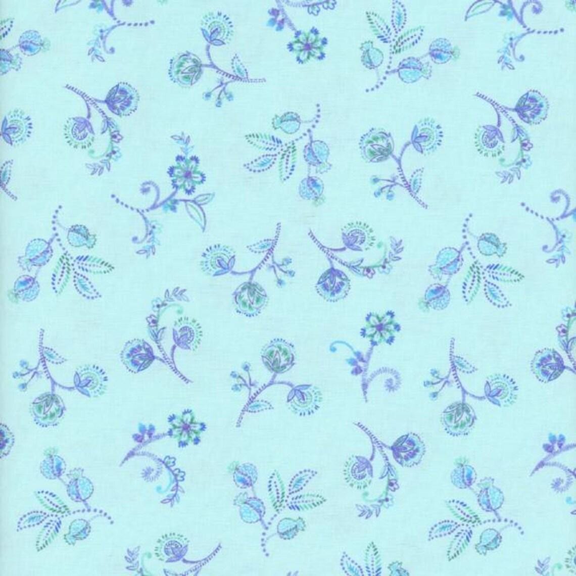 Indigo Garden by Timeless Treasures CD3415 Aqua Small Floral fabric with blue floral print design on a light blue background.