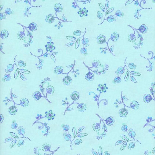 Indigo Garden by Timeless Treasures CD3415 Aqua Small Floral fabric with blue floral print design on a light blue background.