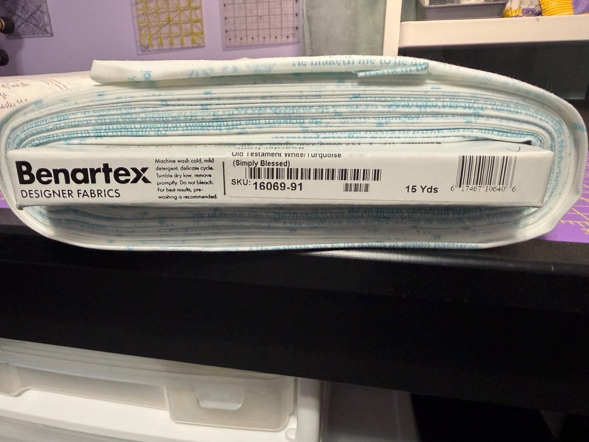 Roll of Simply Blessed Old Testament Cotton Fabric Benartex Quilting in white and teal, SKU 16069-91, 15 yards
