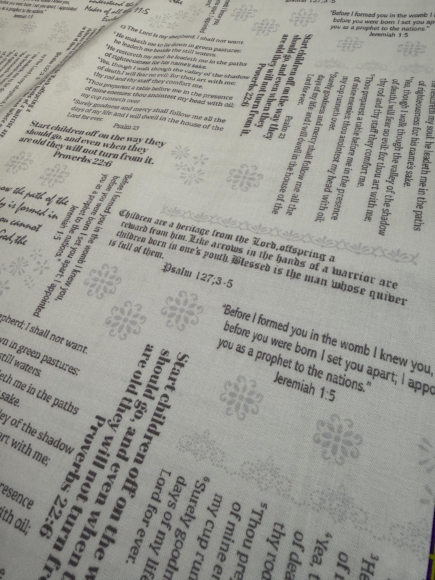 Simply Blessed Old Testament Cotton Fabric Benartex Quilting with Bible verses printed in grey on white fabric.