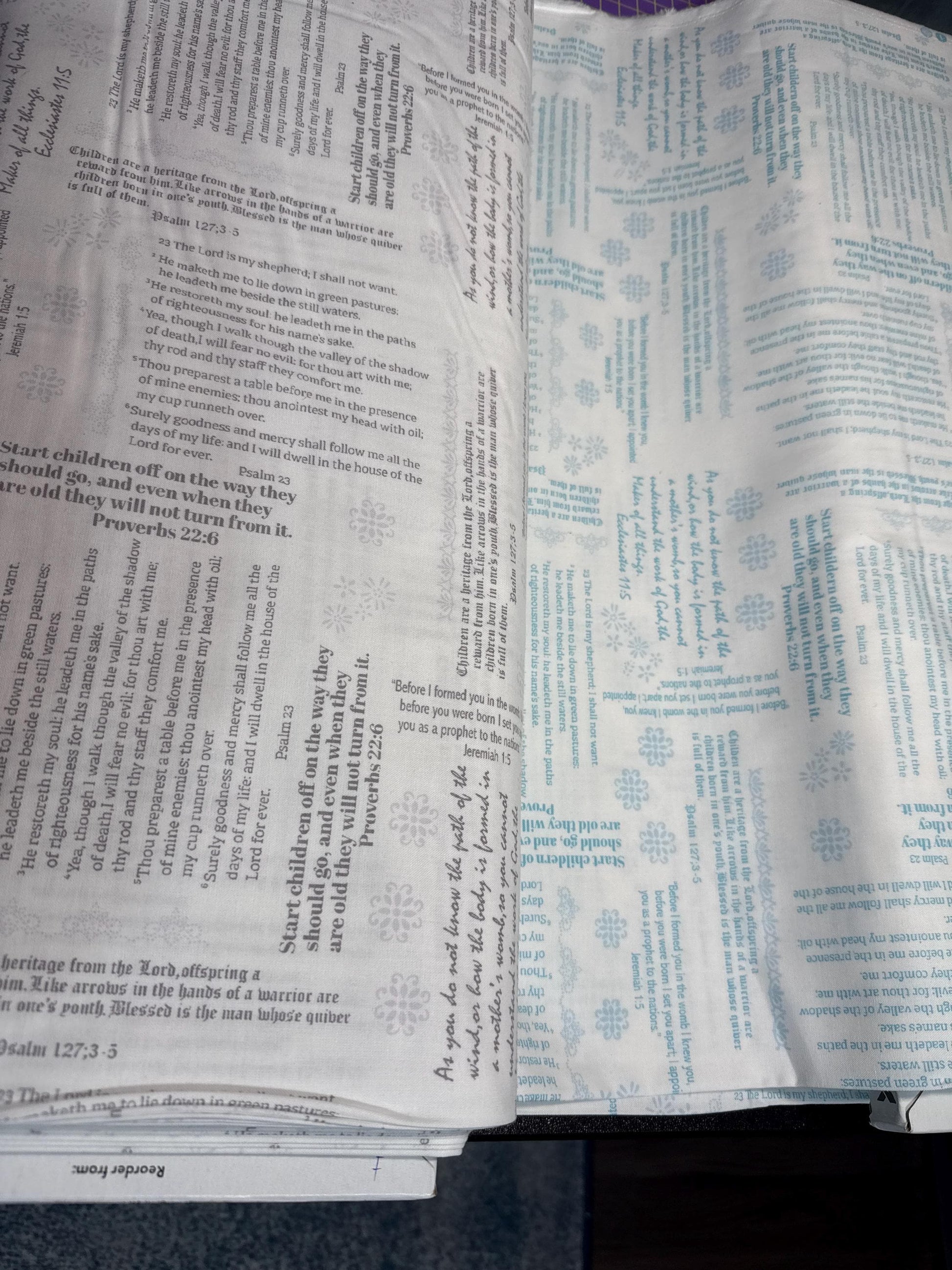 Simply Blessed Old Testament Cotton Fabric Benartex Quilting in white and teal with scripture prints for sewing and quilting projects.