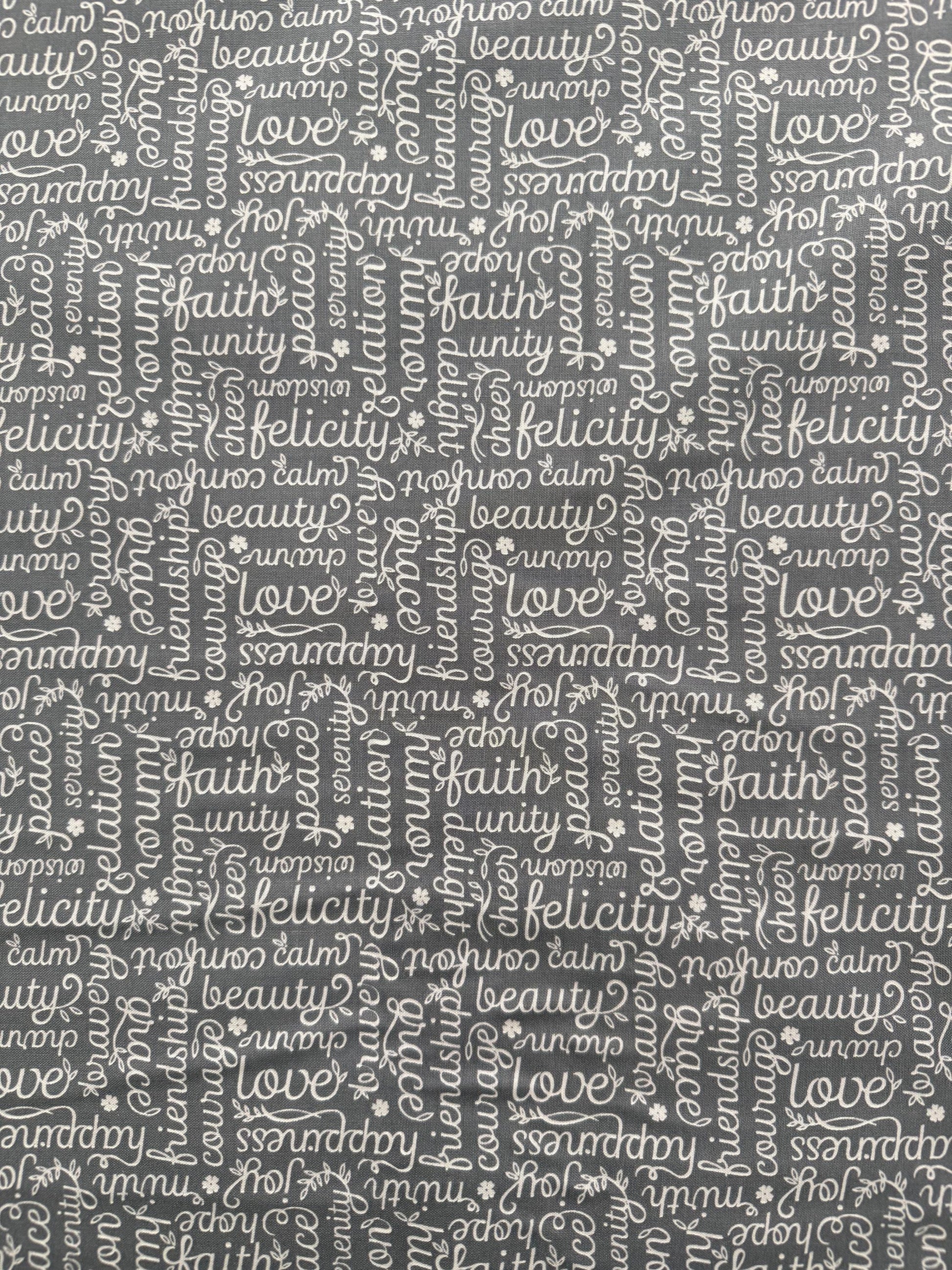 Cotton Fabric White Black Grey Benartex Botanica with script design in gray and white, part of fat quarter or 1/2 yard bundle.