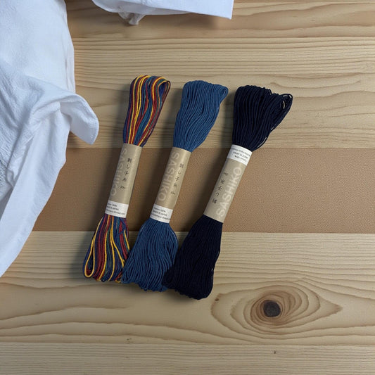 Olympus Sashiko Thread three skeins Navy, cobalt, rainbow