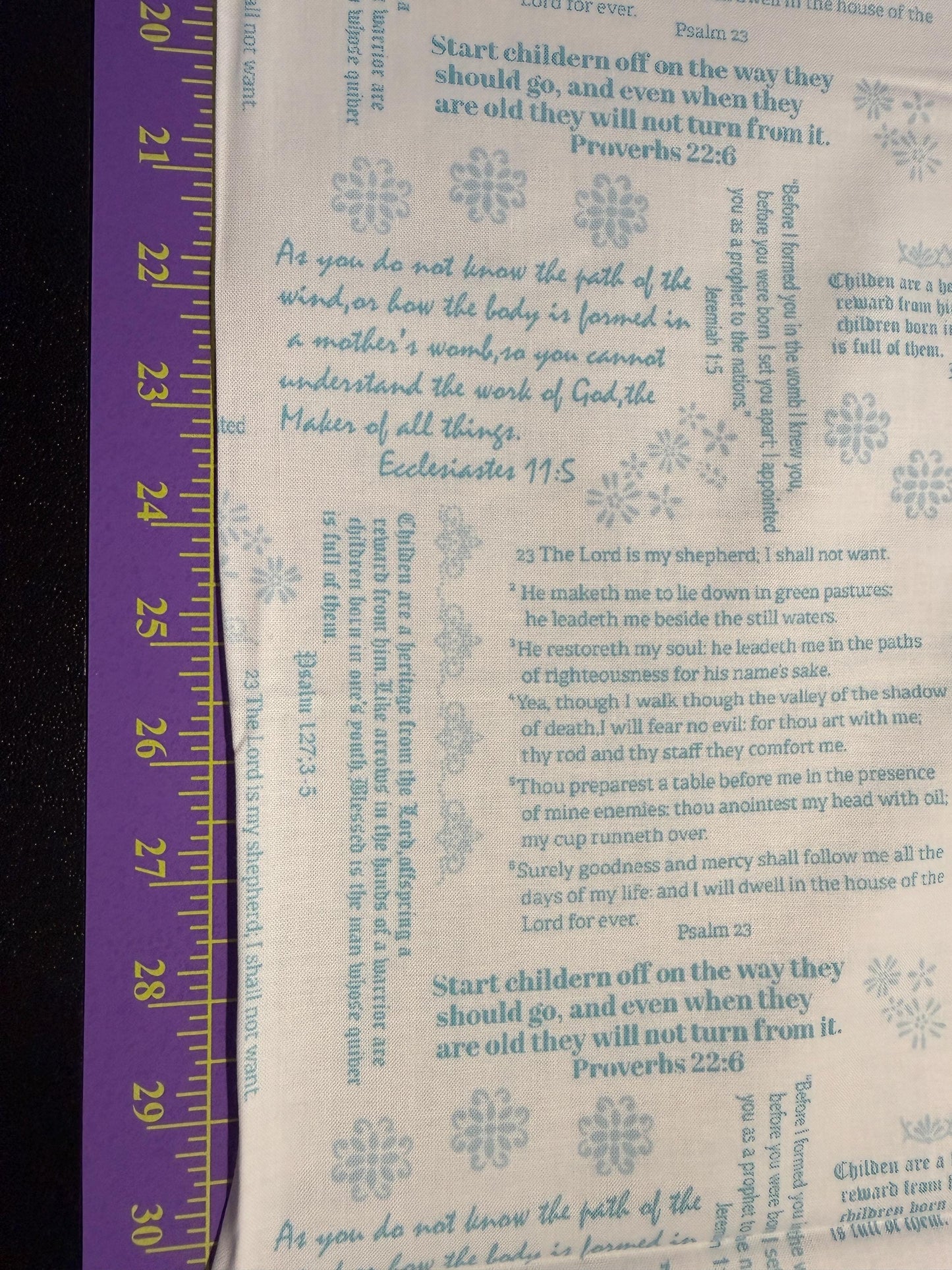 Simply Blessed Old Testament Cotton Fabric Benartex Quilting white teal with scripture print and measuring tape