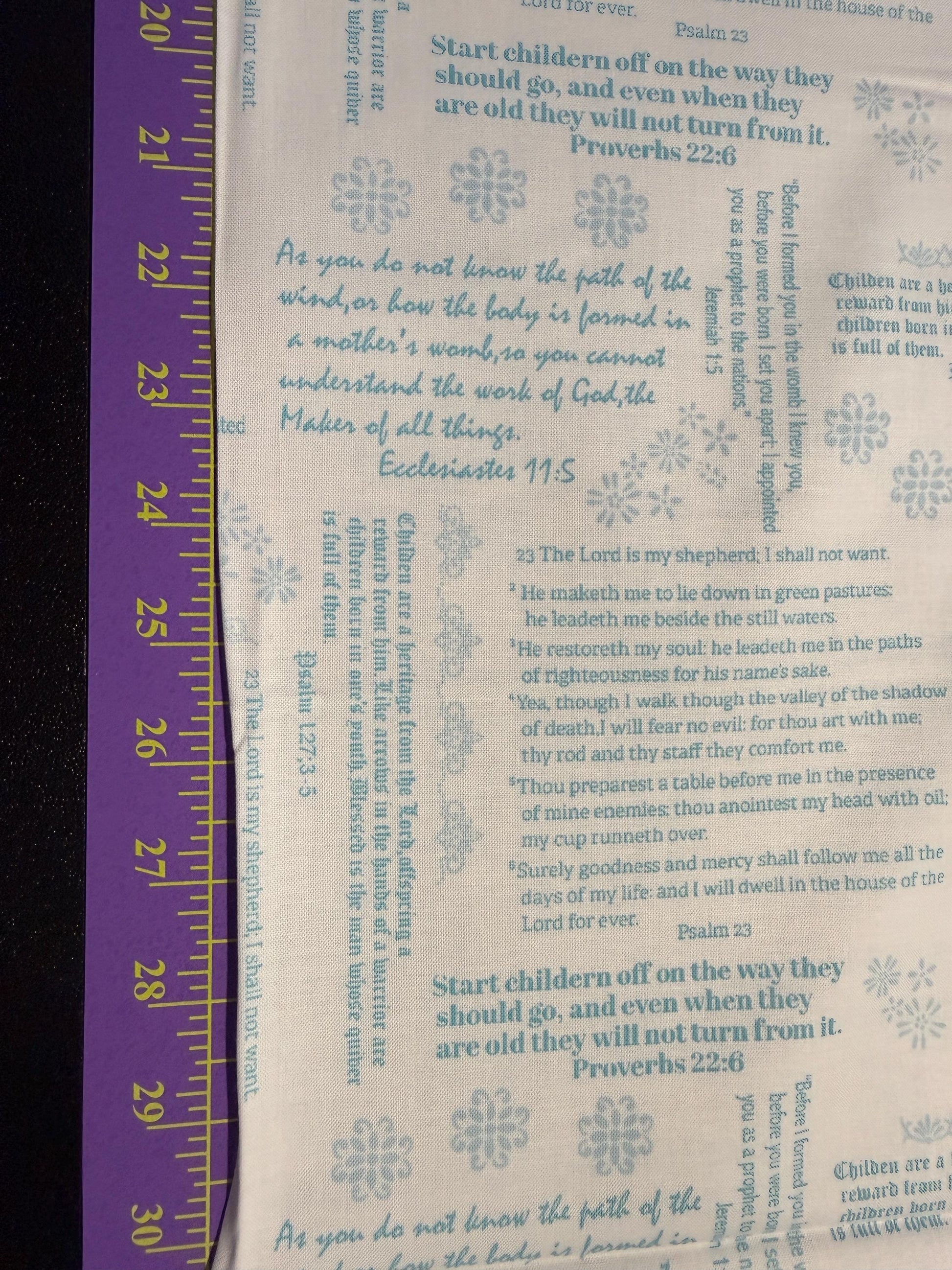 Simply Blessed Old Testament Cotton Fabric Benartex Quilting white teal with scripture print and measuring tape