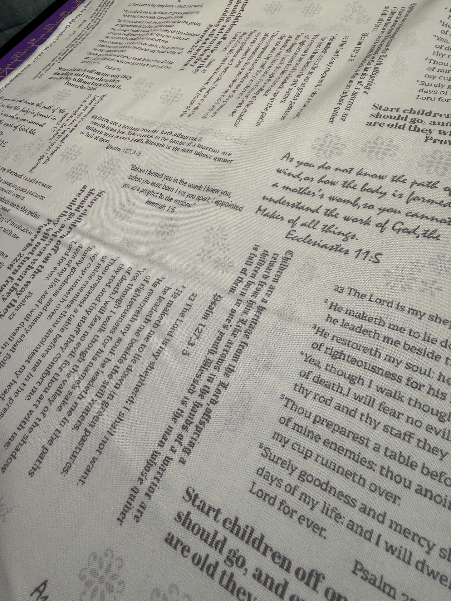 Simply Blessed Old Testament Cotton Fabric Benartex Quilting with scripture design in white and grey, perfect for faith projects.