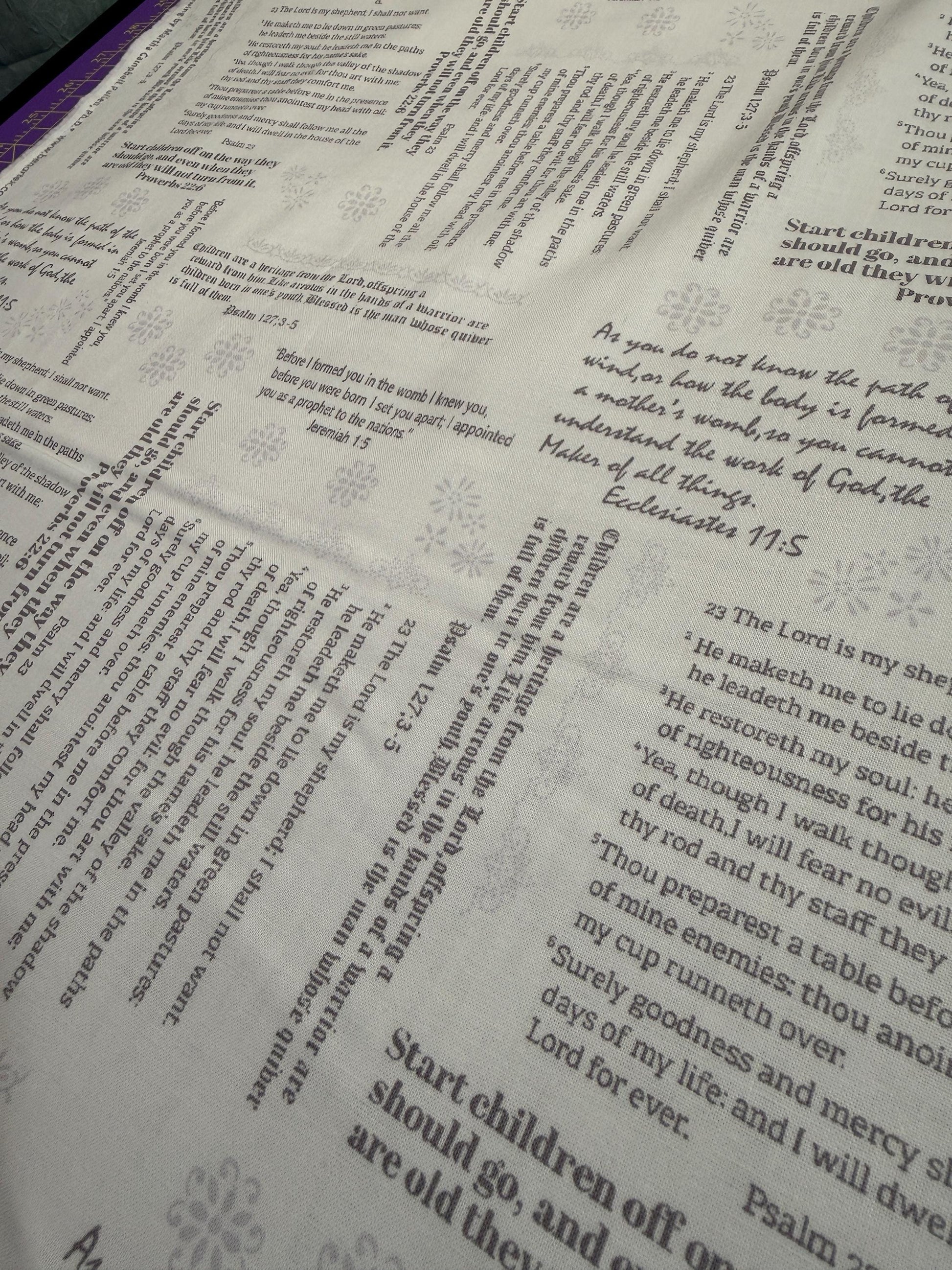 Simply Blessed Old Testament Cotton Fabric Benartex Quilting with scripture design in white and grey, perfect for faith projects.