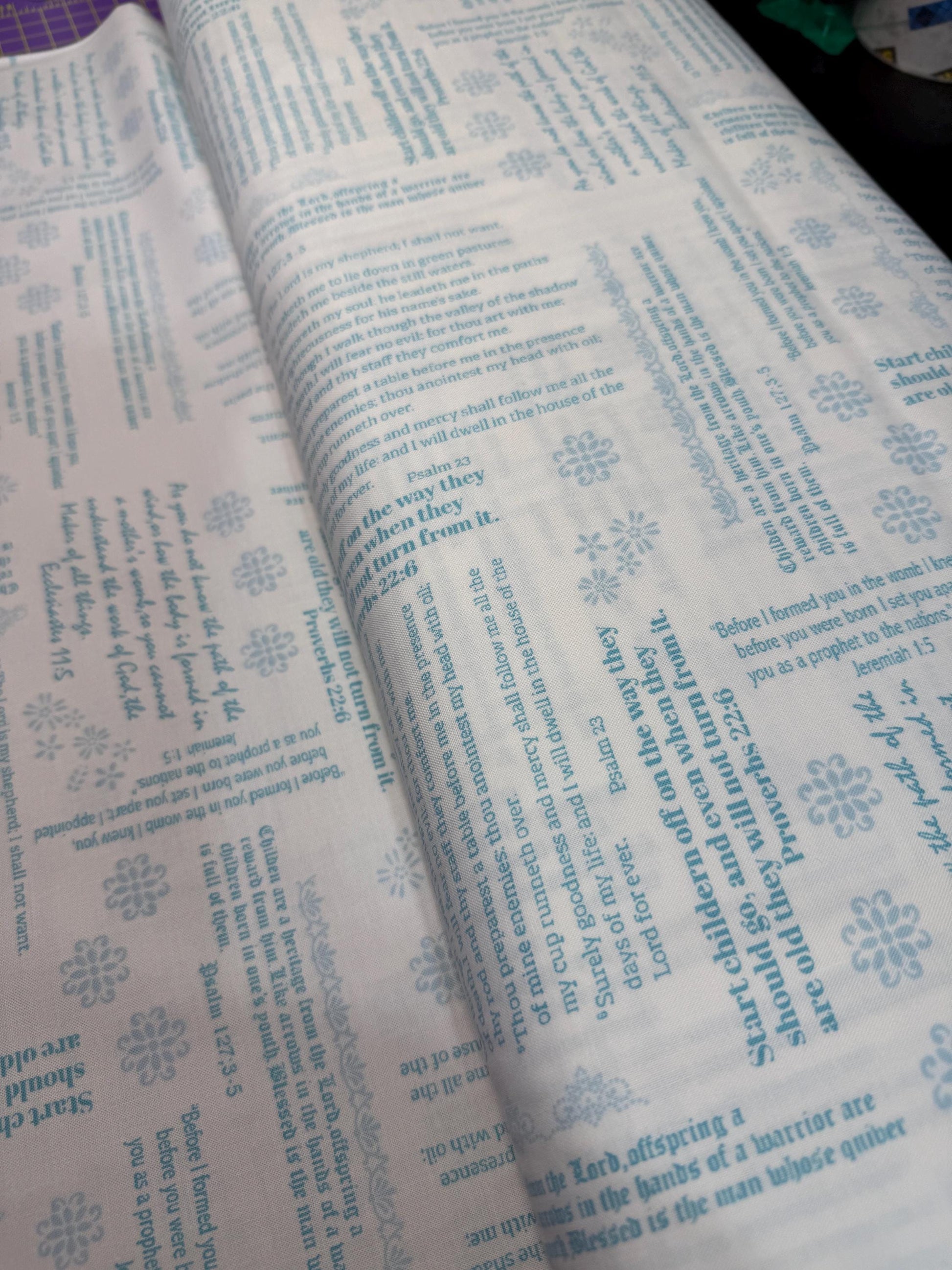 Simply Blessed Old Testament Cotton Fabric Benartex Quilting with white and teal biblical text pattern, 100% cotton, 44"-45" wide.