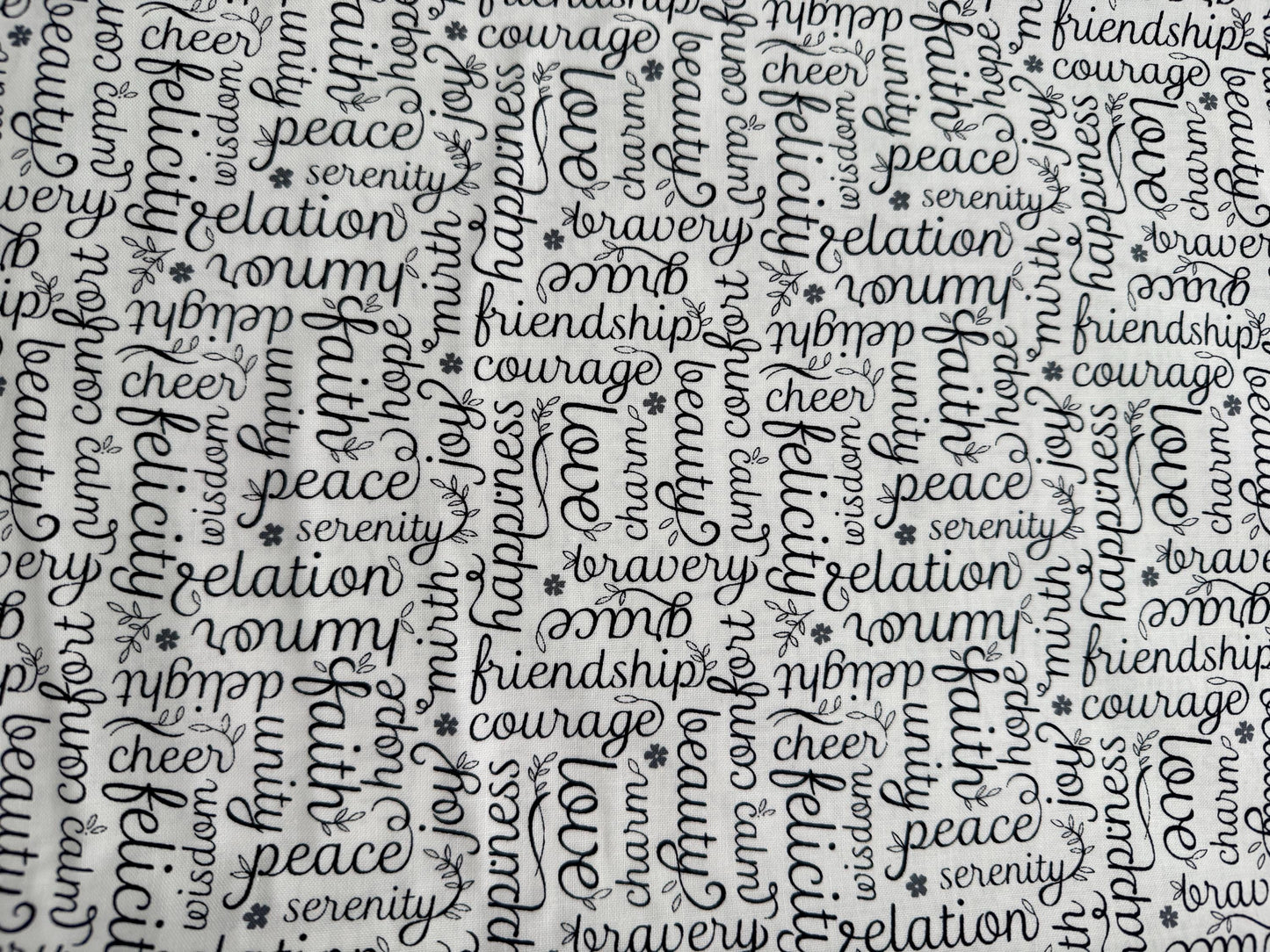 Cotton Fabric White Black Grey Benartex Botanica with black script words on white background, part of fabric collection.