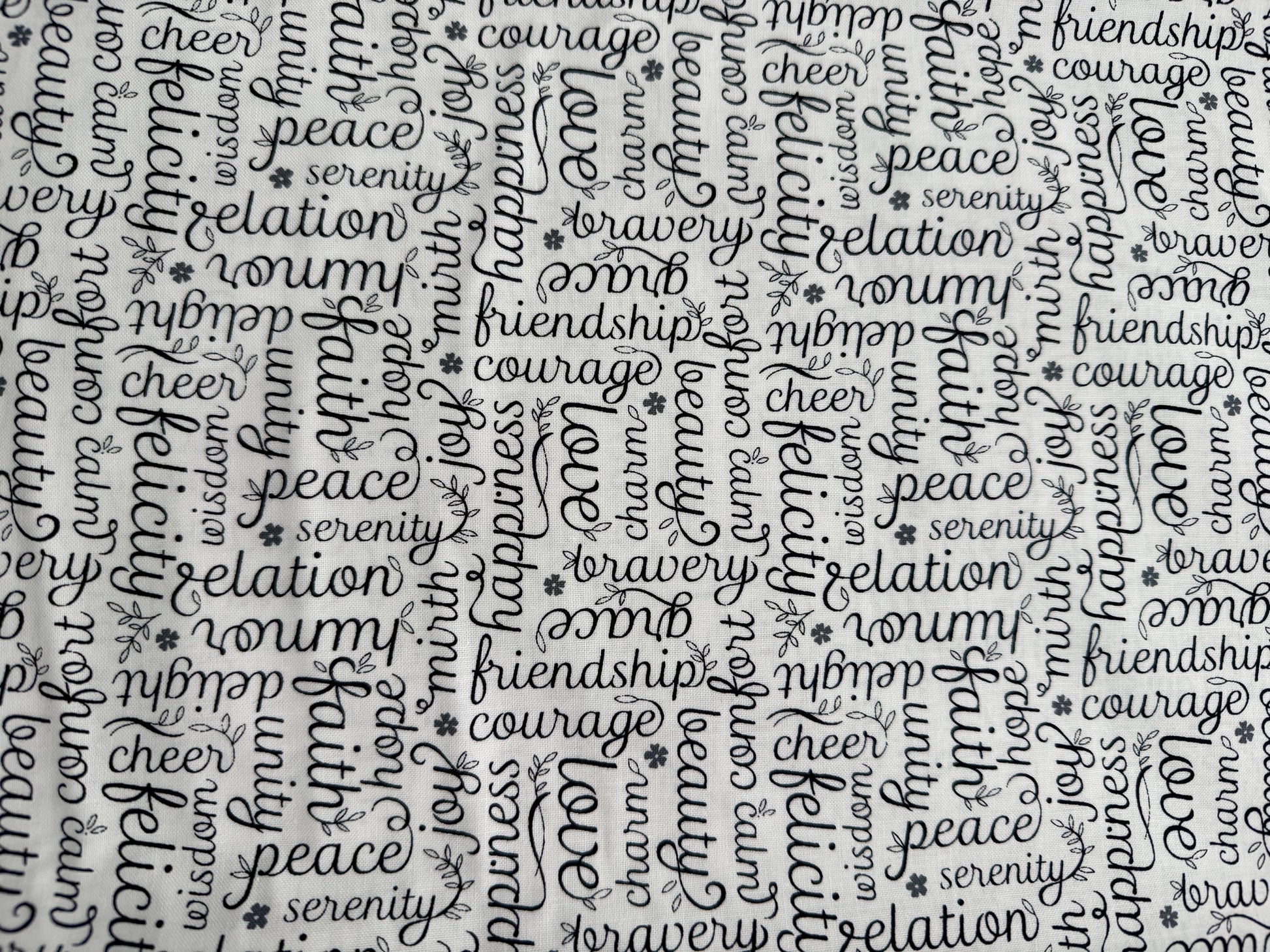 Cotton Fabric White Black Grey Benartex Botanica with black script words on white background, part of fabric collection.