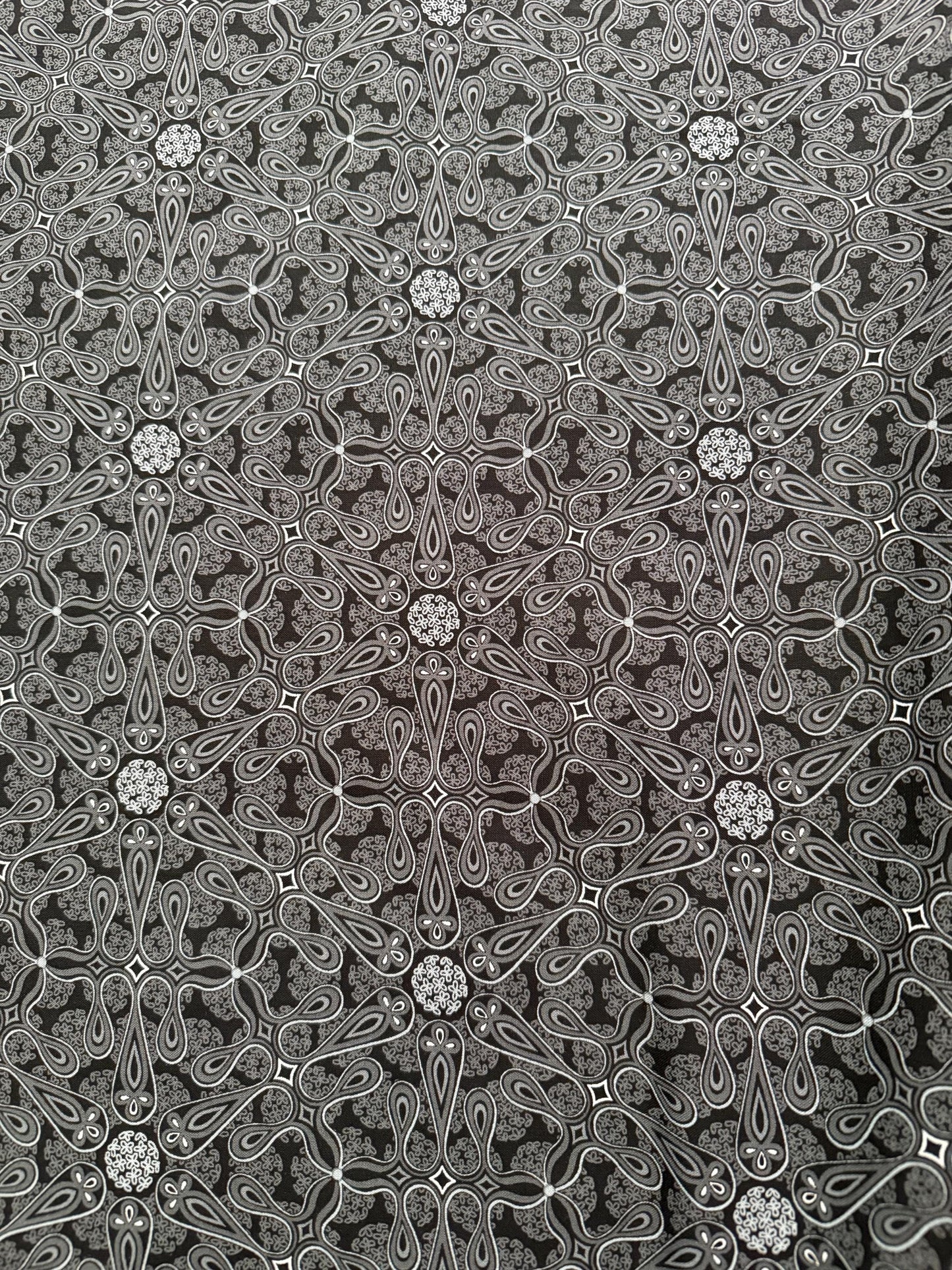Detailed view of Cotton Fabric White Black Grey Benartex Botanica featuring intricate charcoal medallion pattern.