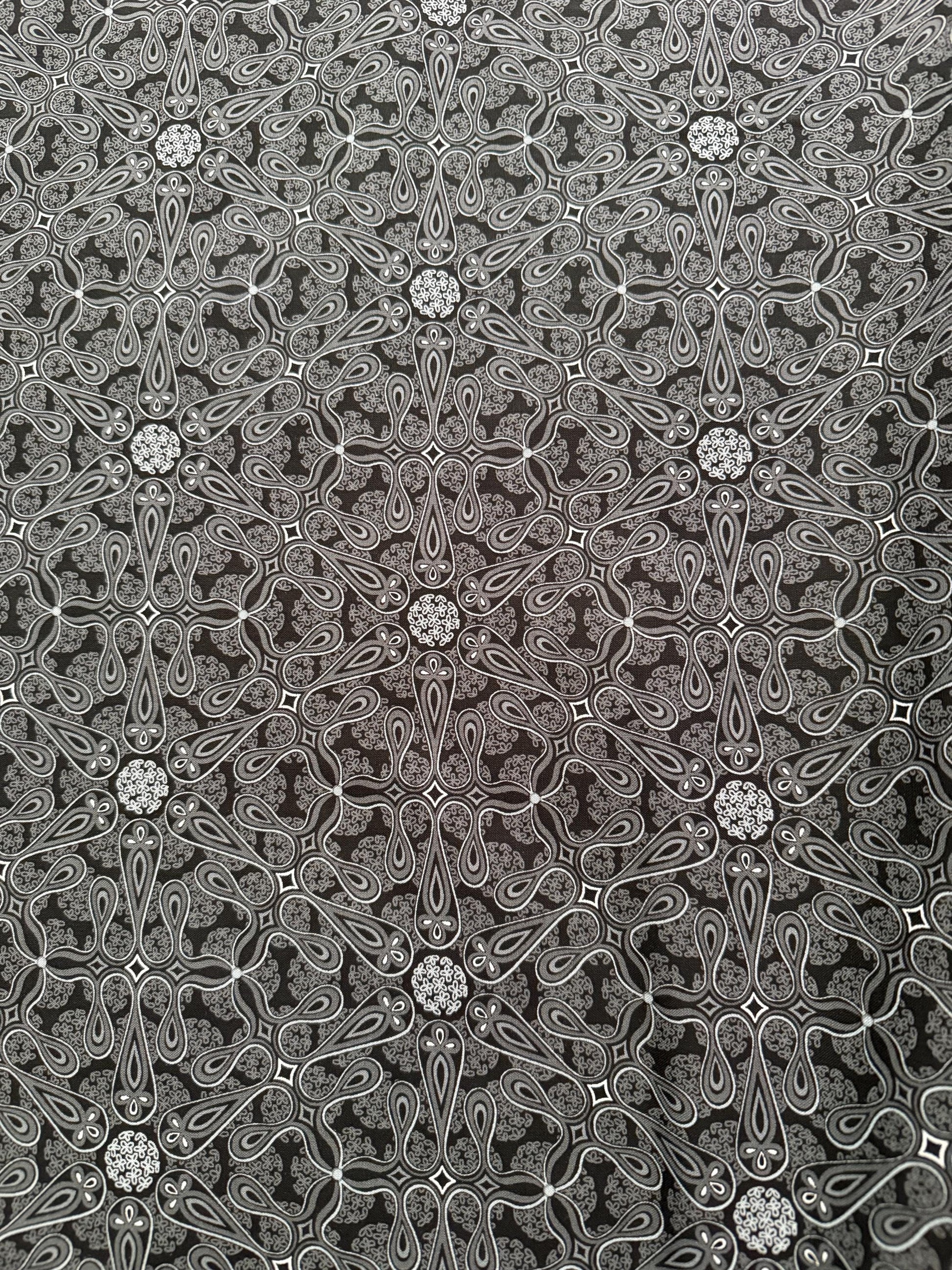 Detailed view of Cotton Fabric White Black Grey Benartex Botanica featuring intricate charcoal medallion pattern.